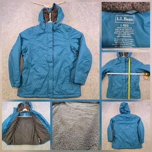 LL Bean Winter Warmer Jacket Womens Large Blue Fleece Lined Hooded Parka Coat